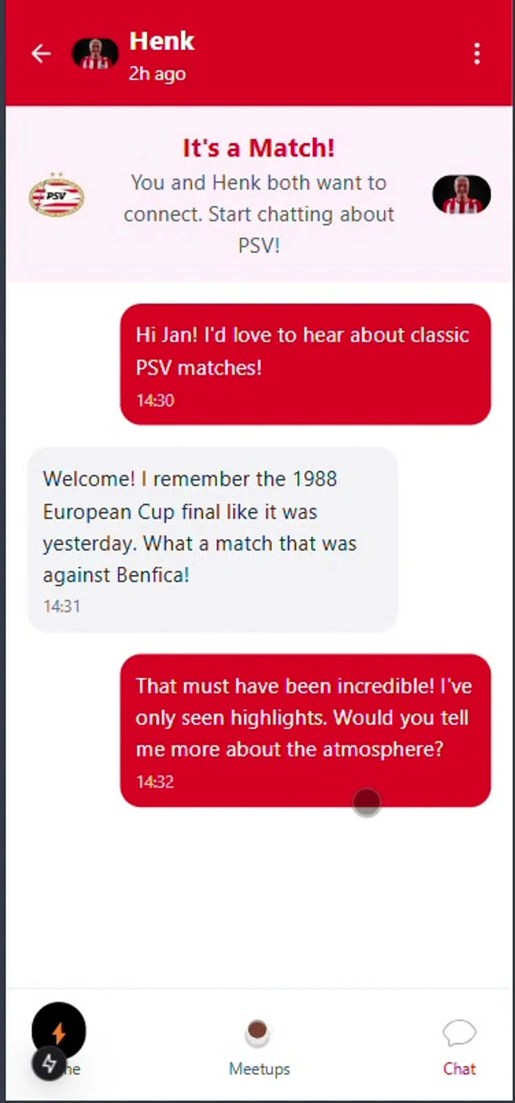 Chat screen after a match, discussing the 1988 European Cup final