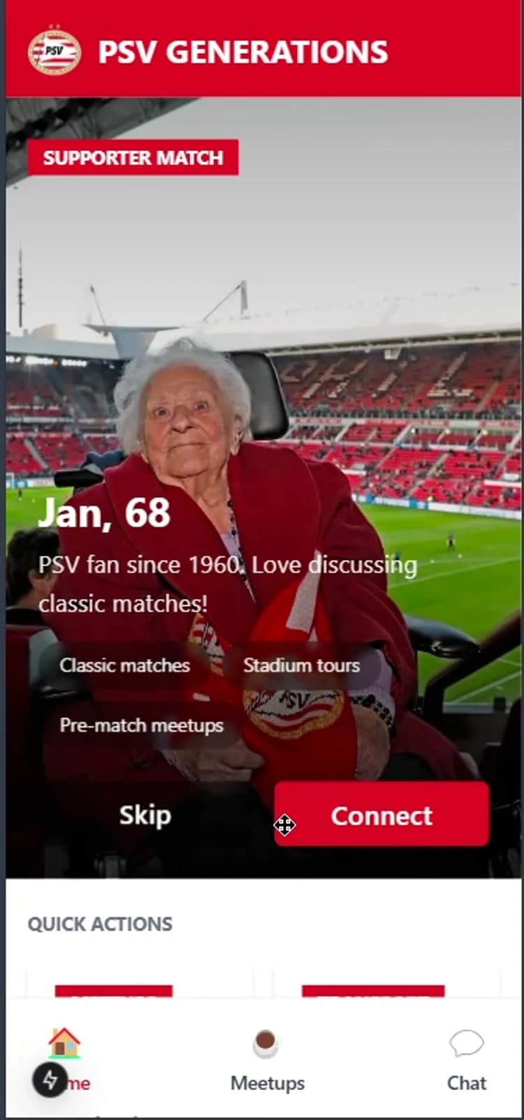 Supporter Match screen showing Jan, 68, with Connect and Skip actions
