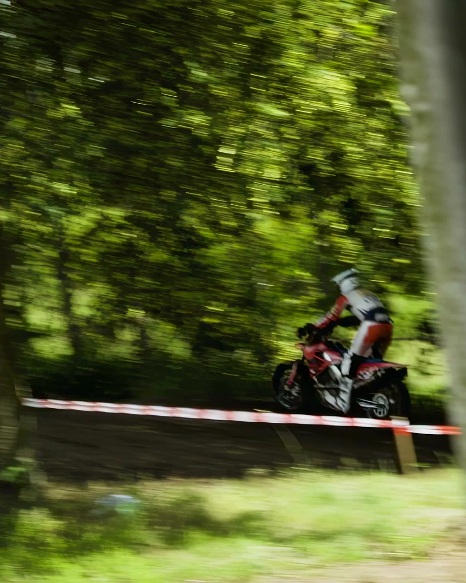 Supermoto rider panning through the trees at speed, red bike against green forest